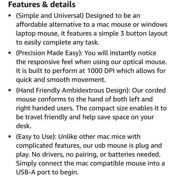 Macally USB Mouse Wired MAC Or Pc 3 Buttons Scroll Wheel MKMOUSE 1000 DPI Sensor - Picture 10 of 10